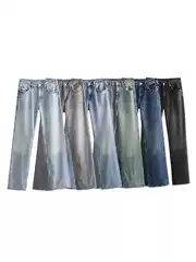 Zatrax-2024 European and American Women's New Women's Casual Trousers Cotton Loose Wide Leg Mid-Waist Jeans