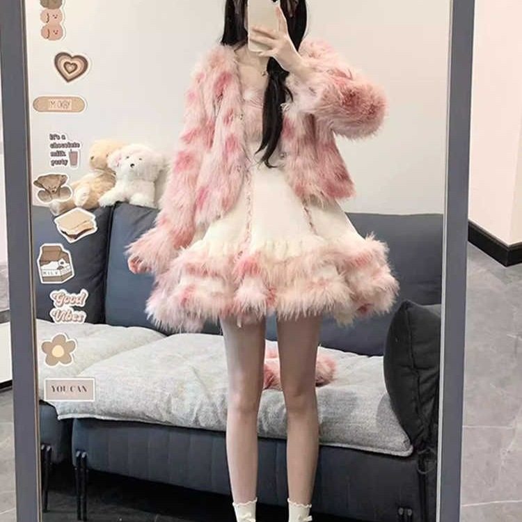 Sweet Girl Versatile Jacket Plush Short Jacket Dress Suit Autumn and Winter Waist Slimming Two-Piece Women's Suit