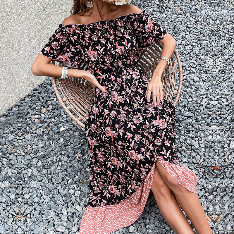 Vintage Floral Print Off Shoulder Dress Summer Style European and American Design Perfect for Casual Outings