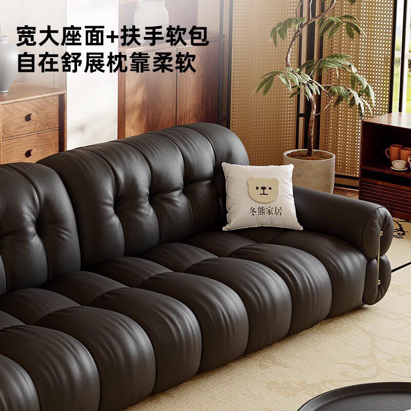 吉与2026新款真皮沙发现代客厅小户型法式复古黑色钢琴键直排沙发
