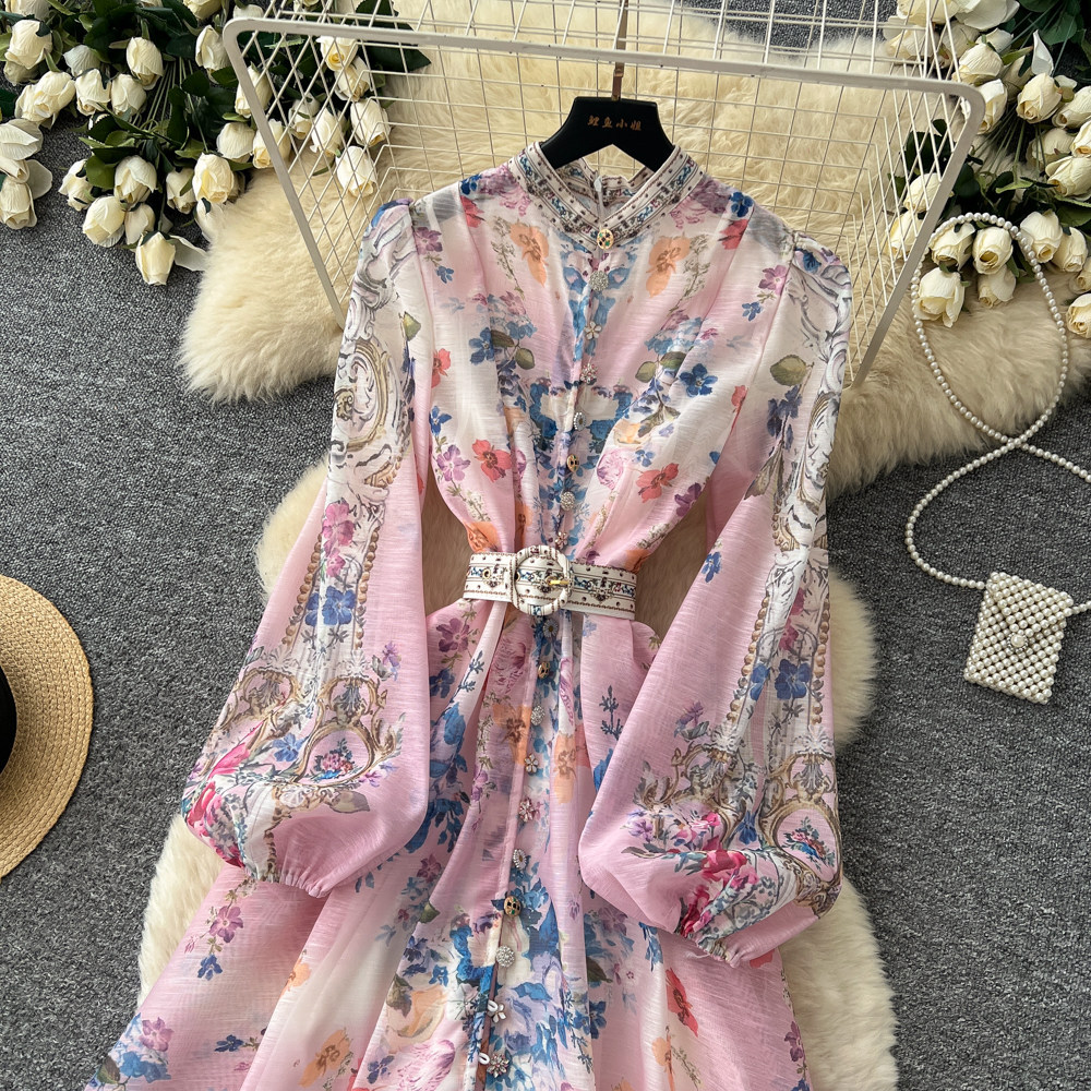 Floral A Line Dress Long Sleeve Waist Tie Slim Fit Elegant Spring Office Wear Wholesale Available