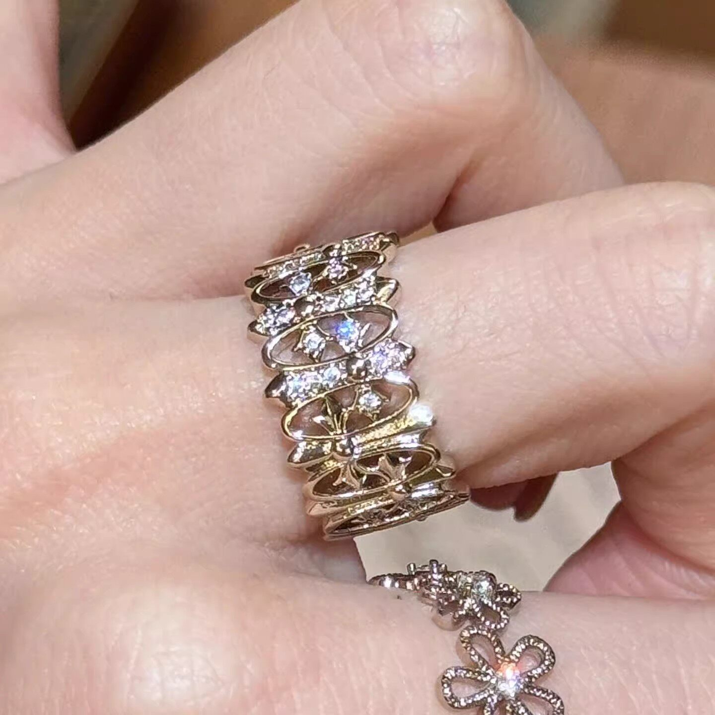 vintage中古风轻奢花丝蝴蝶镂空鸢尾花朵戒指女叠戴开口戒批发