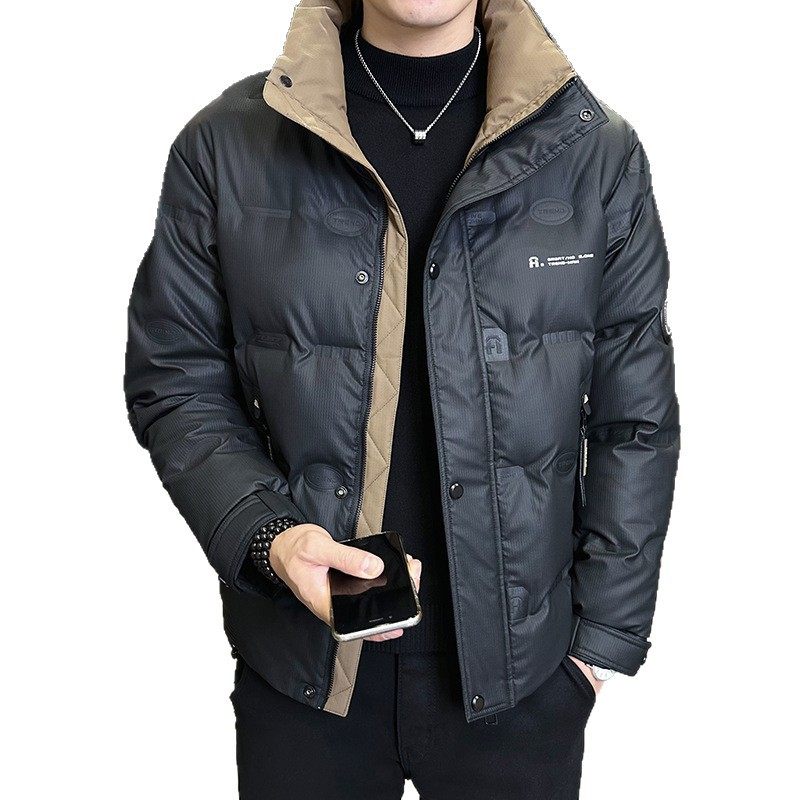 New Men's Stand Collar Winter 2025 Short Color-Block Korean Version Thickened down Jacket Warm Casual Trendy Black