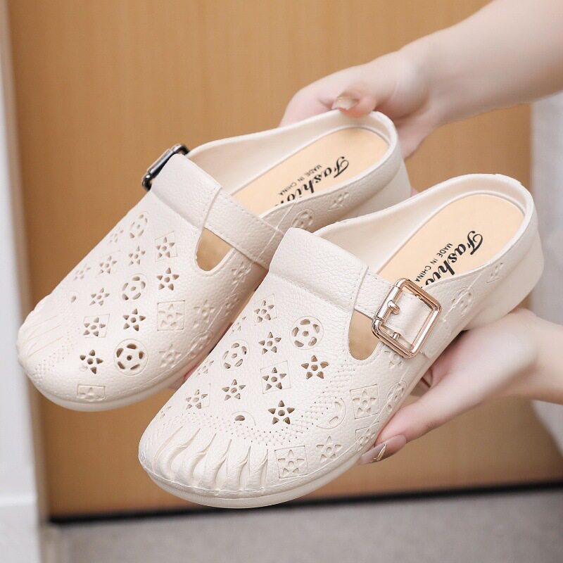 New Flat Non-Slip Middle-Aged Mom Closed-Toe Slippers, Faux Leather Mid-Heel Clogs for Women