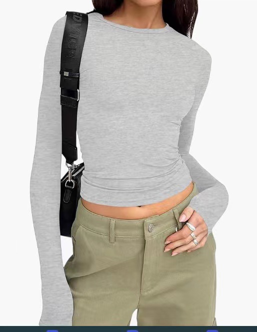 欧美女装休闲长袖t恤春秋纯色修身套头衫t恤女街装打底衫上衣