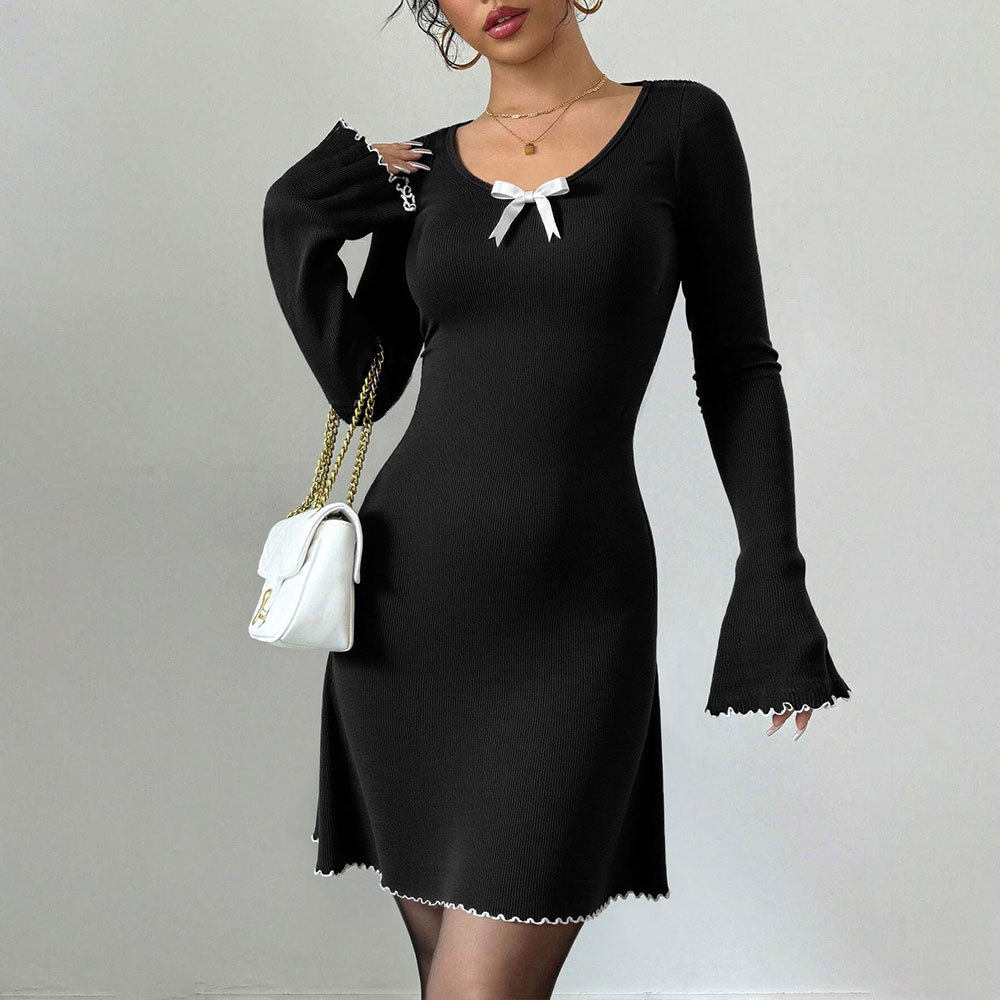 Elegant Black and White Color Block Knit Dress Flared Sleeves Slim Fit A Line Silhouette Perfect for Formal Occasions