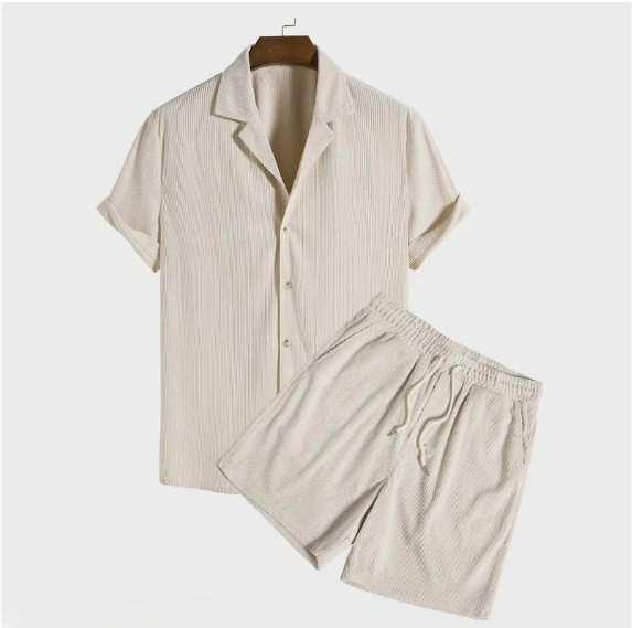 欧美速卖通外贸独立站男休闲宽松多色沙滩装坑条短袖套装两件套