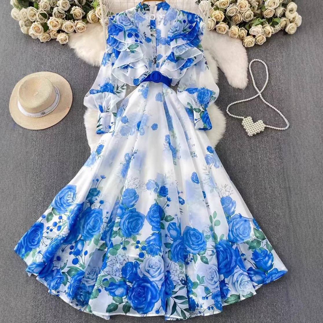 Elegant Summer Maxi Dress Korean Style Rose Print Hollow Out High Waist Lantern Sleeves Perfect for Work or
