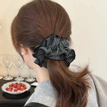 Korean Style Ins Peacock Blue Plaid Double Layer Large Intestine Hair Ring Fashionable Commuting Low Pony Tail Ball Hair Rope New Style for Women