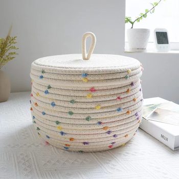 Nordic Cotton Rope Storage Basket with Lid Desktop Storage Box Basket Key Supplies Woven Makeup Storage Basket Underwear