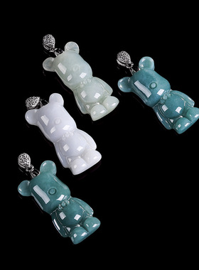 天然A货翡翠玉蓝水卡通小熊吊坠冰种玉石挂件时尚S925银项链坠饰