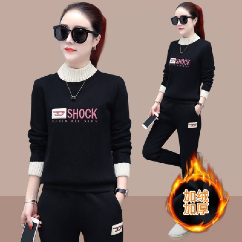 Fleece-lined Thickened Casual Sports Suit Women's Winter Clothing New Printed Sweater Warm Pants Slimming Two-piece Set Trendy
