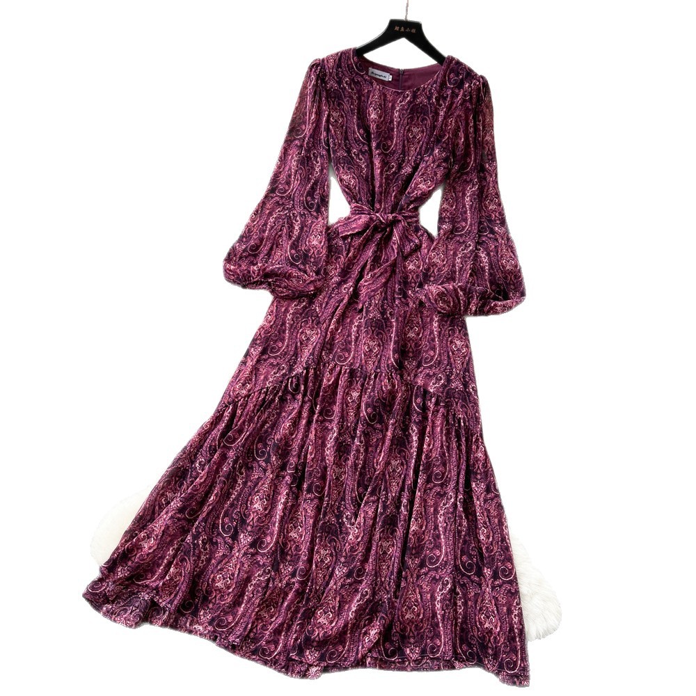 French Style Floral Maxi Dress Loose Fit Long Sleeve Waist Tie A Line Silhouette Spring and Autumn Wear Wholesale