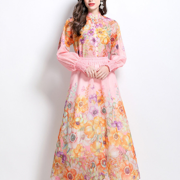 Floral Print Two Piece Set Slim Fit Shirt with Stand Collar Lantern Sleeves High Waisted Maxi Skirt for Vacation Wear
