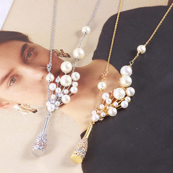 European and American Jewelry Wholesale Exaggerated Stylish Micro-Encrusted Sparkling Diamonds Sparkling Fireworks Pearl Champagne Bottle Necklace Sweater Chain for Women
