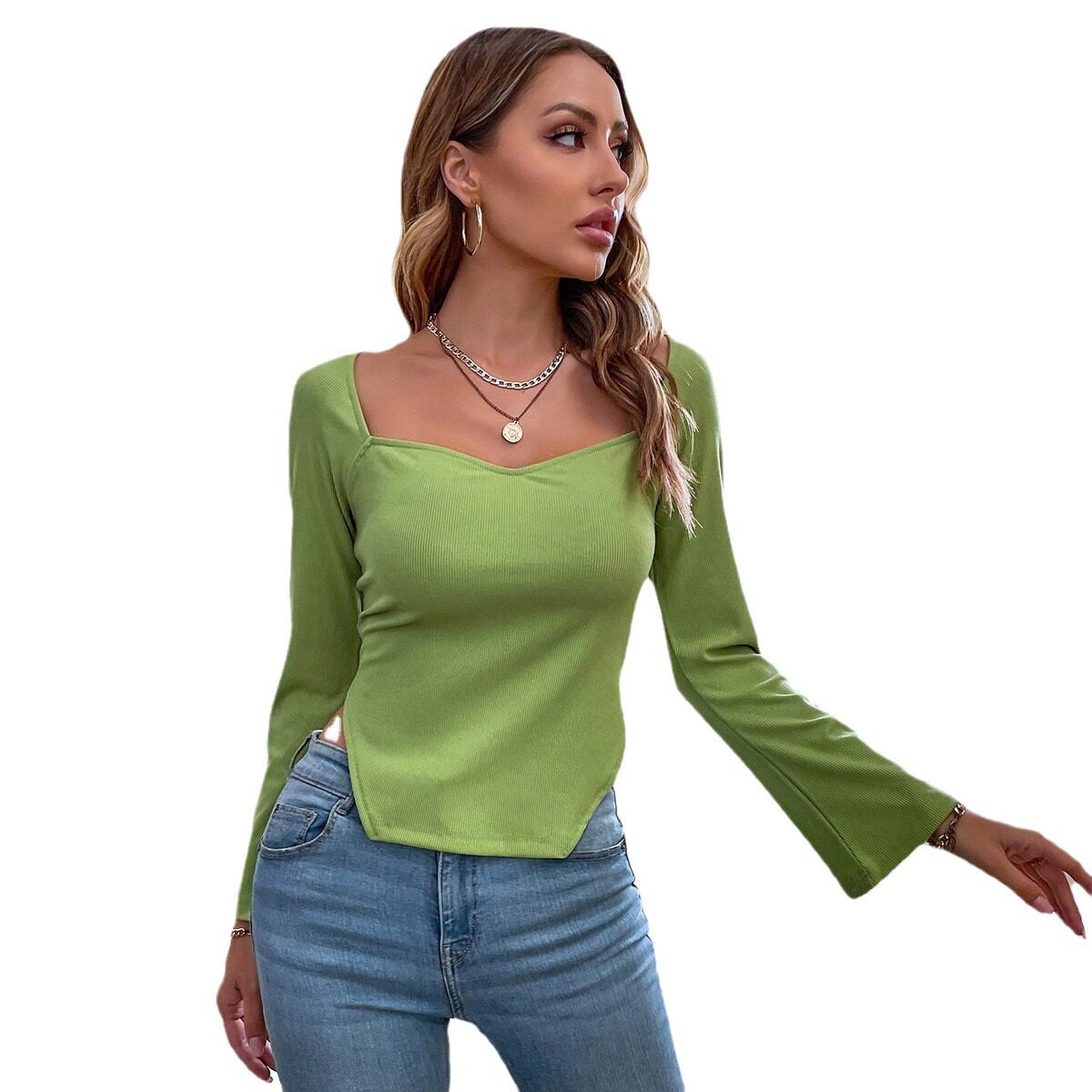 Womens Slim Fit Irregular Flare Sleeve Short Sleeve T Shirt Elegant Design Commuter Style Versatile for Work
