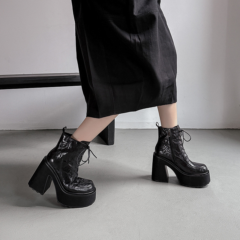 Boot Martin nữ da cừu thắt dây gót cao 11.5cm đế dày — Da đen, da màu nâu, Lớp lót nhung đen, Nhung nâu