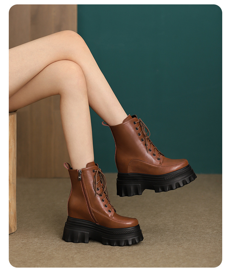 Boot Martin nữ đế dày tăng chiều cao 10cm, cổ thấp gót nêm da bò thật — Lớp lót đơn màu đen, Lớp lót đơn màu nâu sẫm, Lớp lót nhung đen, Lớp lót nhung màu nâu sẫm