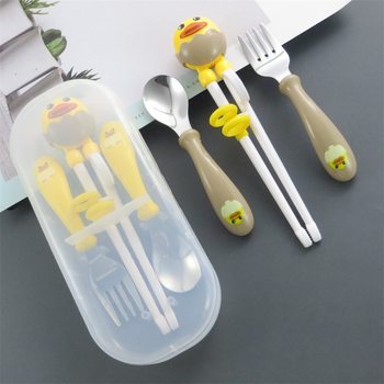 Cartoon Cute Little Yellow Duck Children's Training Fork Spoon Chopsticks Three-piece Set Baby Eating Supplemented Food Spoon Practice Chopsticks