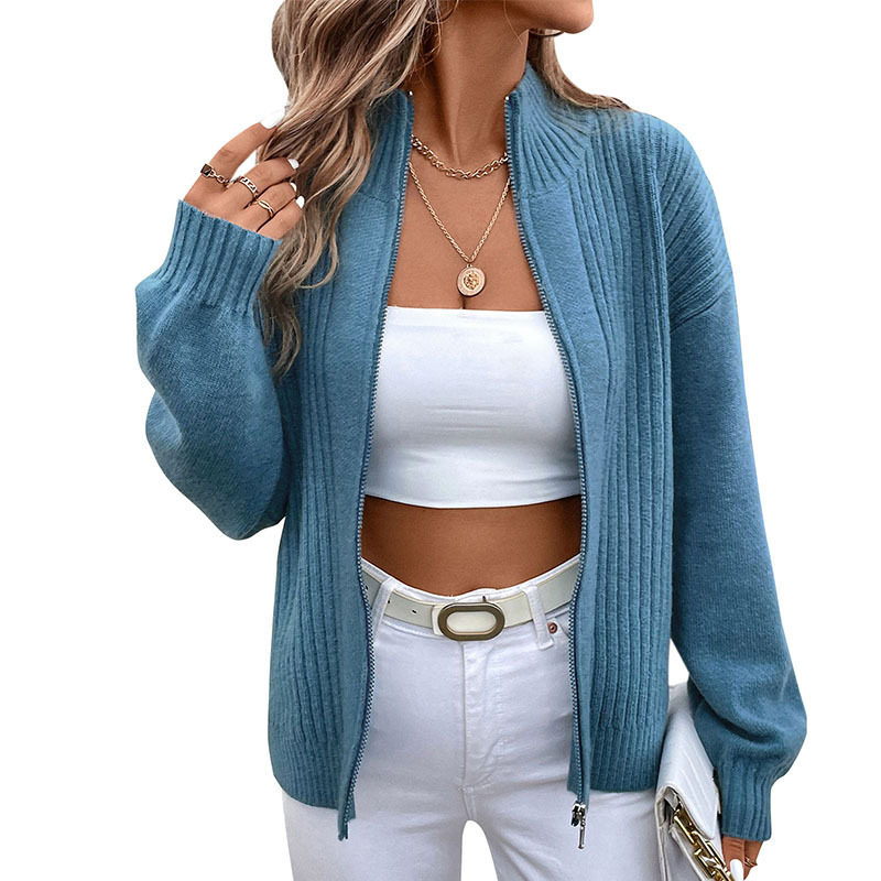 Casual Cardigan Sweater Solid Color Stand Collar Autumn Winter Style Perfect for Commuting Wholesale Available
