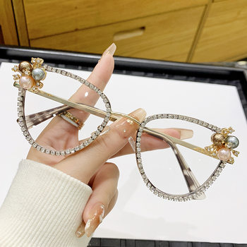 Luxury Women's Decorative Glasses Frame Diamond-encrusted Pearl Retro Cat's Eye Full Frame Square Flat Glasses Personalized Party Glasses