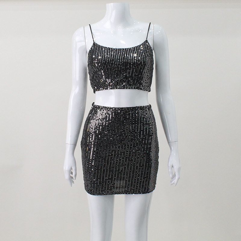 Sequined Crop Top and Skirt Set Strapless Bodycon Fit Sexy Style Perfect for Parties and Night Out Wholesale