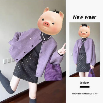 Tweed Style Suit, French Style High-End Woolen Jacket, Slimming High-Necked Bottoming Shirt, Korean Style Polka-Dot Short Skirt, Three-Piece Set