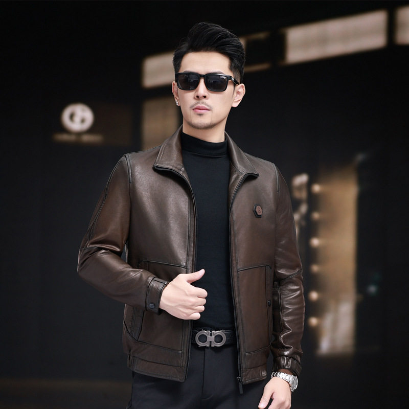 Áo Khoác Da Nam Da Cừu Dáng Ngắn Màu Nâu Đậm