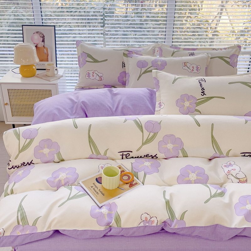 New Class a Thickeneded Brushed Four-Piece Set of Small Fresh Bed Sheetss and Quilt Covers for Students Washed Cotton Three-Piece Bedding Set a