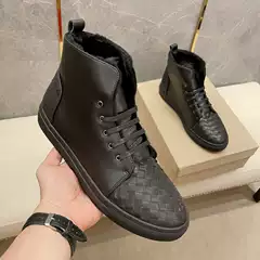 European Version KFD BV Genuine Leather Woven High-Top Snow Boots, Breathable, Anti-Slip, Fleece-Lined Men's Winter Shoes