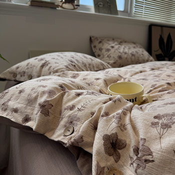 Retro Style Button Style Original Hemp Printed Cotton Four-Piece Set Pure Cotton Bed Sheetss Quilt Cover Fitted Bed Sheets Set Bedding