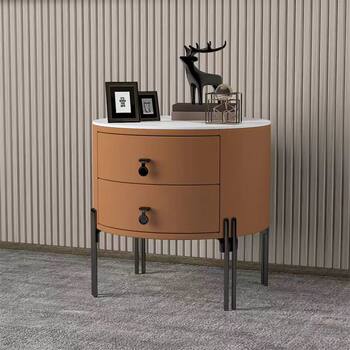 Italian Light Luxury Round Slate Bedside Table Simple Modern Bedroom Leather Storage Bedside Table