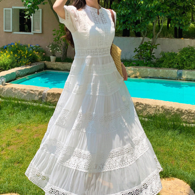 French Elegant Lace Patchwork Dress Summer Long Dress with Puff Sleeves Vacation Wear for Women OEM Available