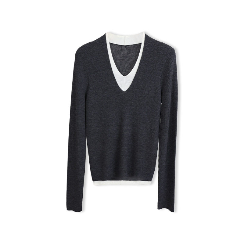 秋冬100%美丽诺羊毛假两件V领针织衫 撞色叠穿打底衫长袖套头上衣