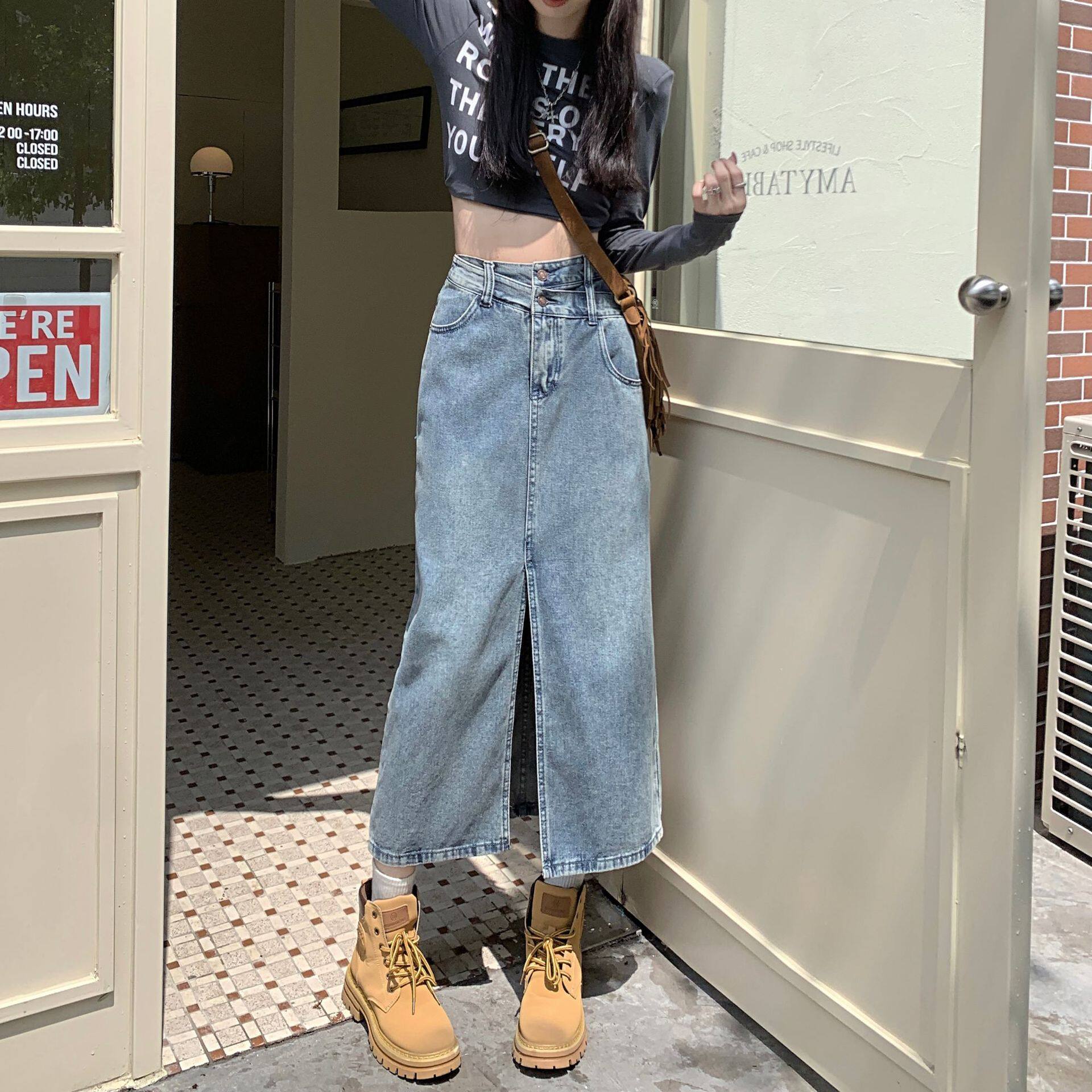High Waisted Denim Midi Skirt Slim Fit Split Design A Line Silhouette Summer Casual Wear Wholesale Available