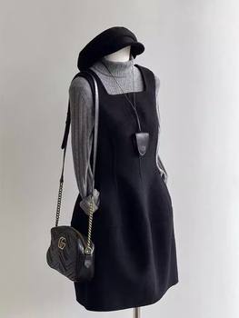 Korean Casual Versatile Solid Color Long-Sleeve Base Top Women's Autumn Layered Waist-Cinching Vest Dress Two-Piece Set