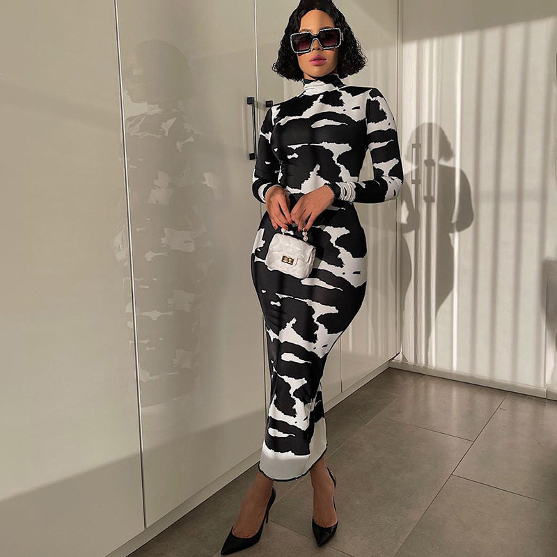 Fashionable Floral Print High Neck Long Sleeve Bodycon Dress for Women Spring Collection Wholesale Available