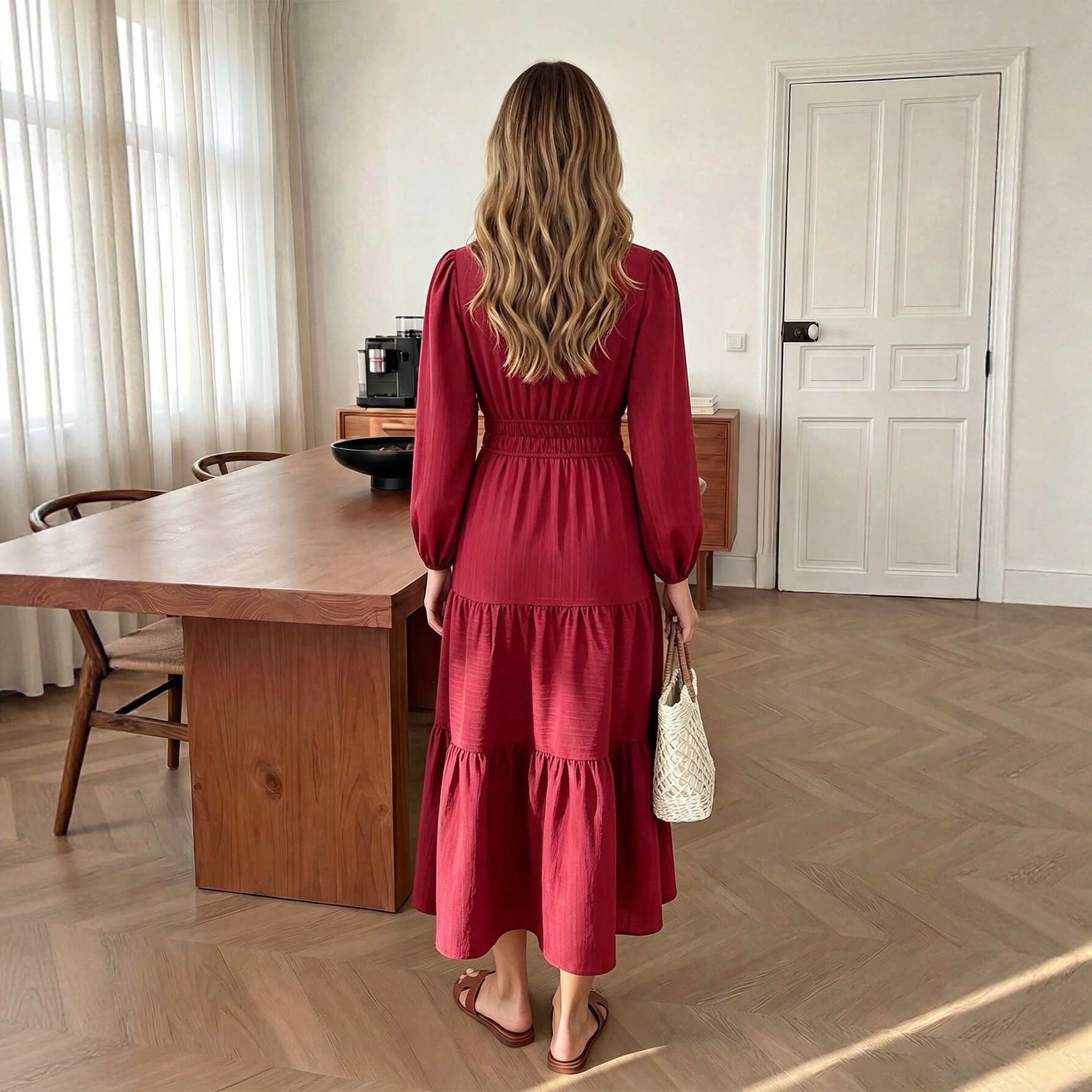 Vintage Burgundy V Neck Dress Slim Fit Puff Sleeves Long Length Perfect for Parties and Special Occasions Wholesale