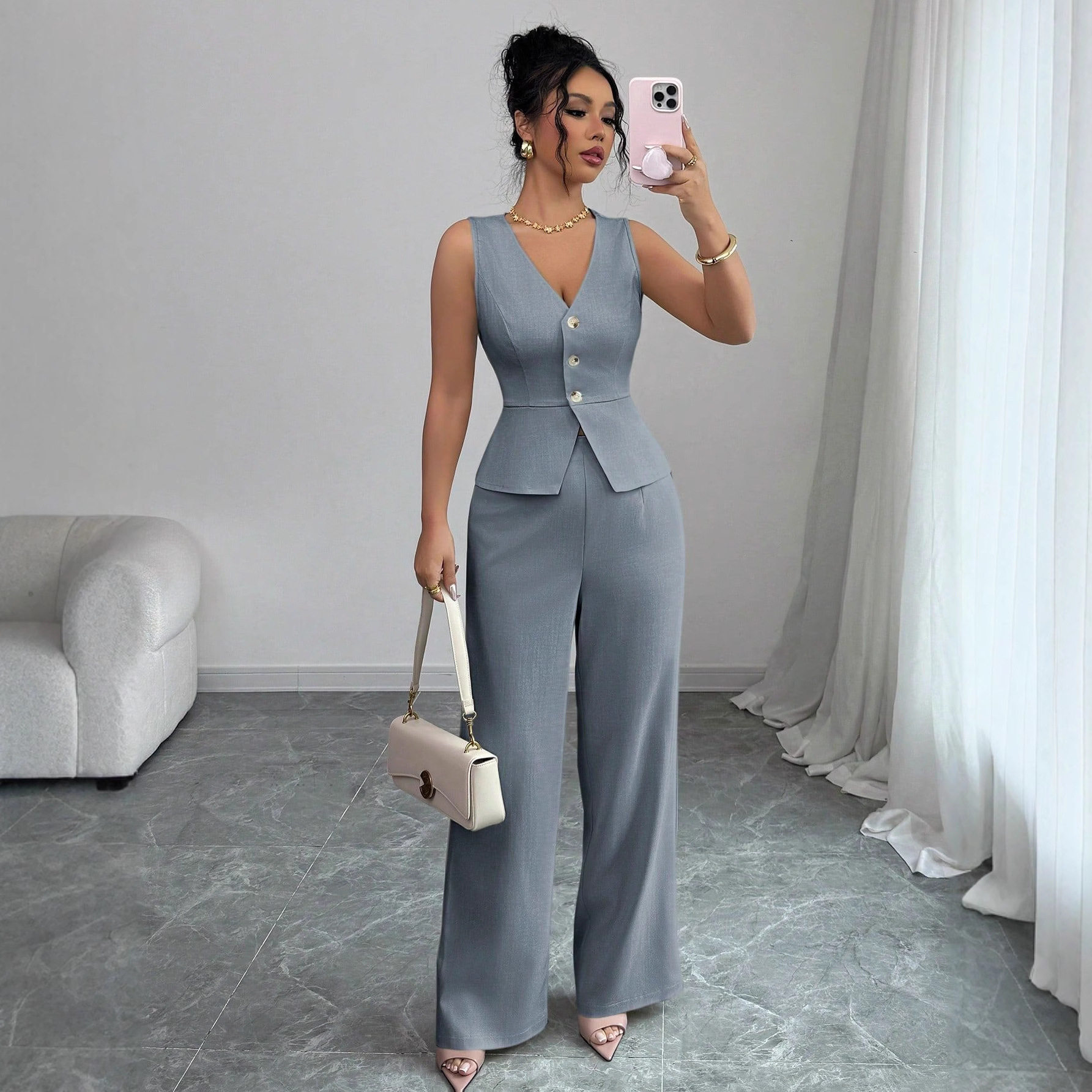 2025 Summer New European and American Amazon Cross-Border Women's Color Sleeveless Slim Vest High-Waisted Trousers Two-Piece Set