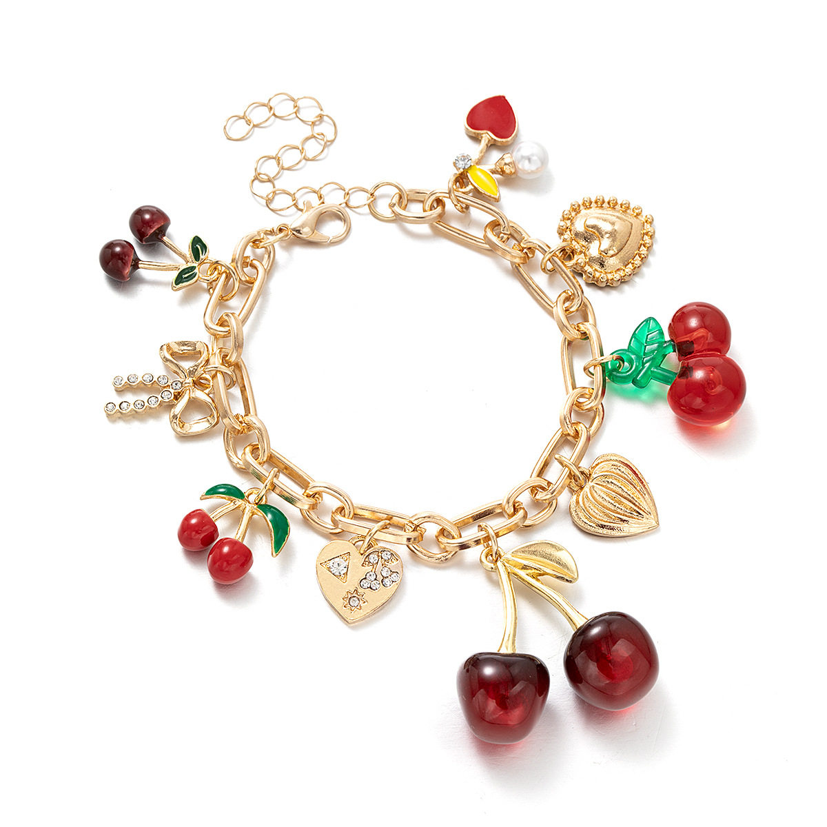Fashion Personality Cherry Alloy Peach Heart Bow Pendant Adjustable Bracelet for Women Creative Versatile Jewelry Wholesale