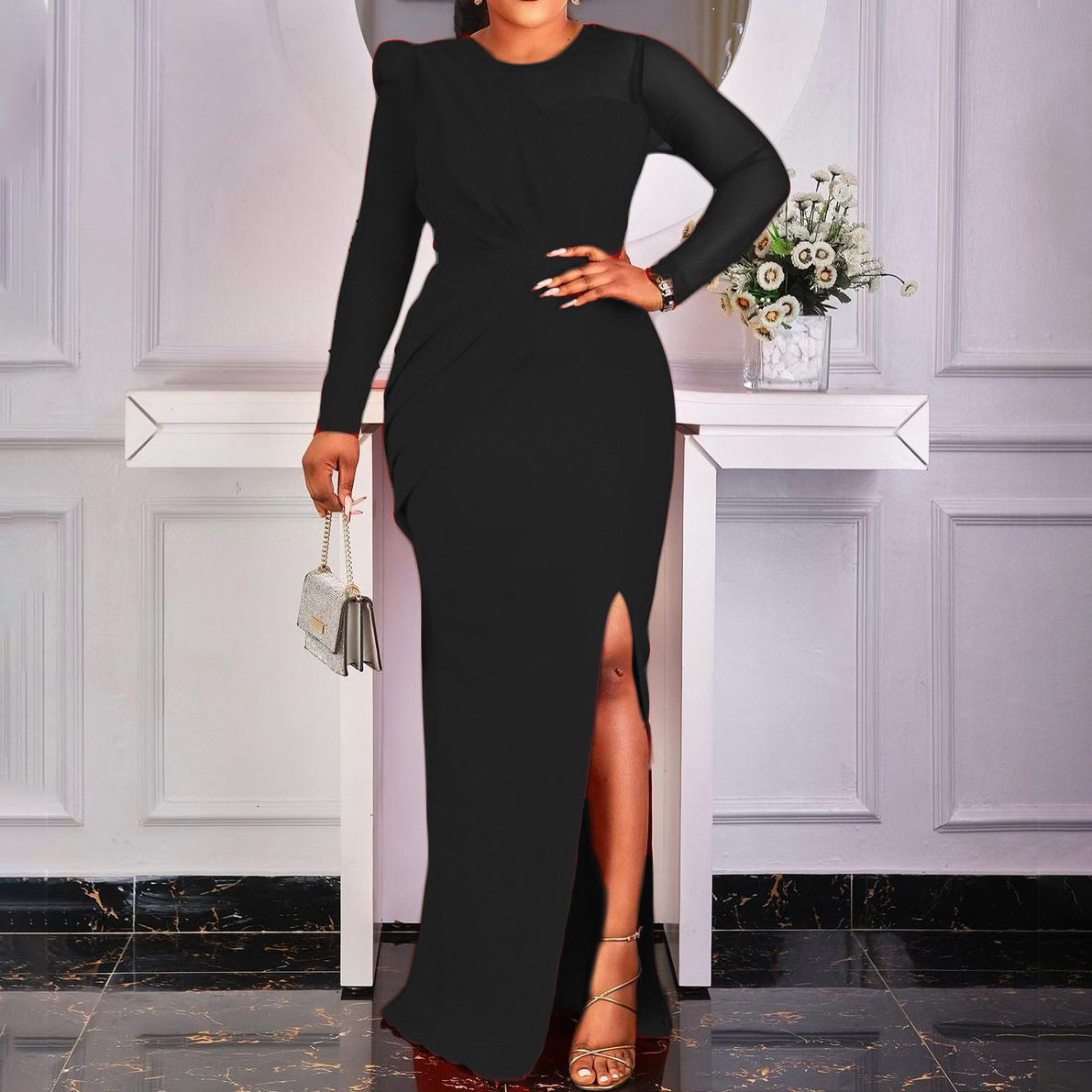 Plus Size Fashion Maxi Dress Sheer Paneling Solid Color Elegant Split Design Evening Wear Special Occasions