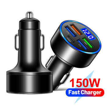 Standard 150W five-in-one car charger with digital display 5-port car charger with voltage one drag five-port car charger