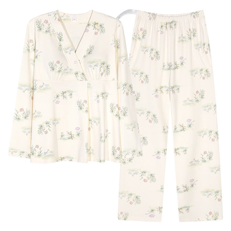 Spring and Summer New Women's Pajamas 7a Antibacterial Moon Clothing with Chest Pad Lactation Clothes Pull Frame Cotton plus size Home Clothing suit