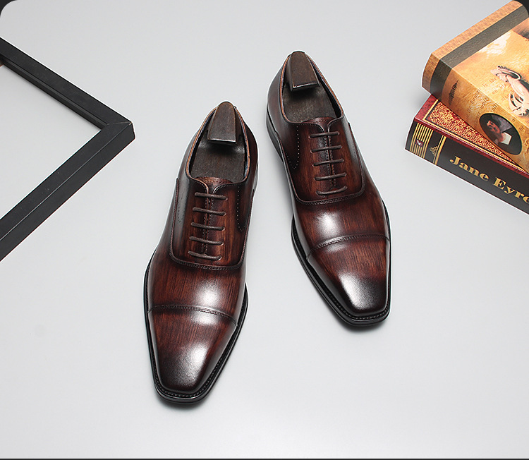 Giày Oxford nam da bò mũi vuông buộc dây công sở — Màu đen, Cà phê kéo sợi