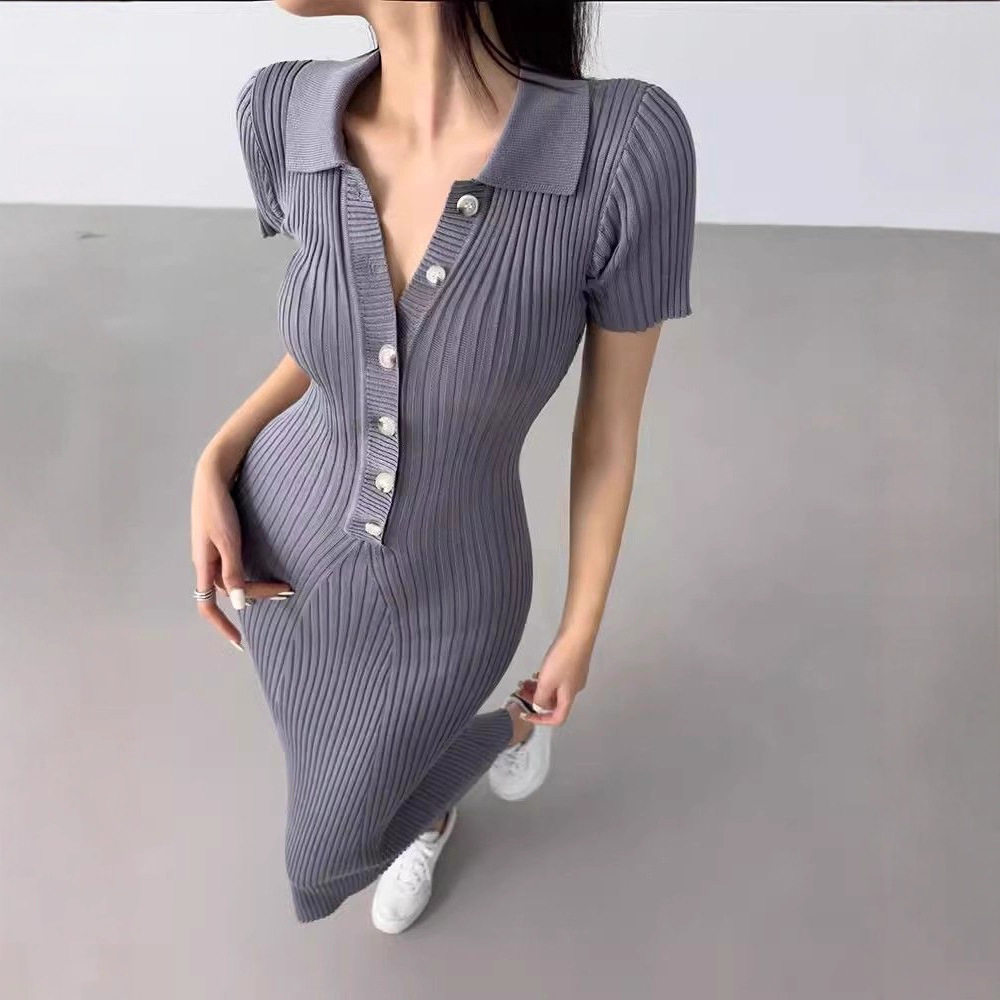 Long Polo Knit Dress Fishtail Hem Slim Fit Short Sleeve Bodycon Style Perfect for Office Wear Wholesale Available