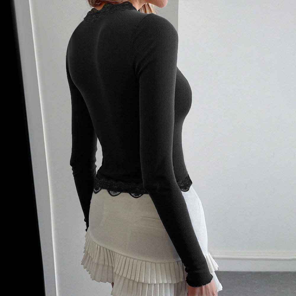 Dark Gray V Neck Ribbed Long Sleeve Top with Black Lace Trim Slim Fit Elegant Design Spring Summer Wear Wholesale