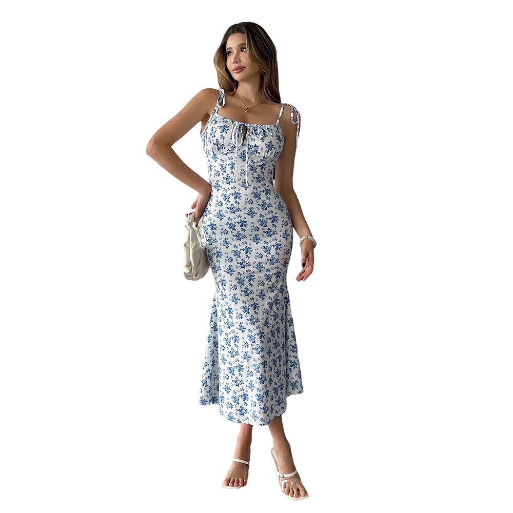 Summer Floral Print Maxi Dress Sweet Design Slim Fit Spaghetti Straps Casual Wear for Women Wholesale Available
