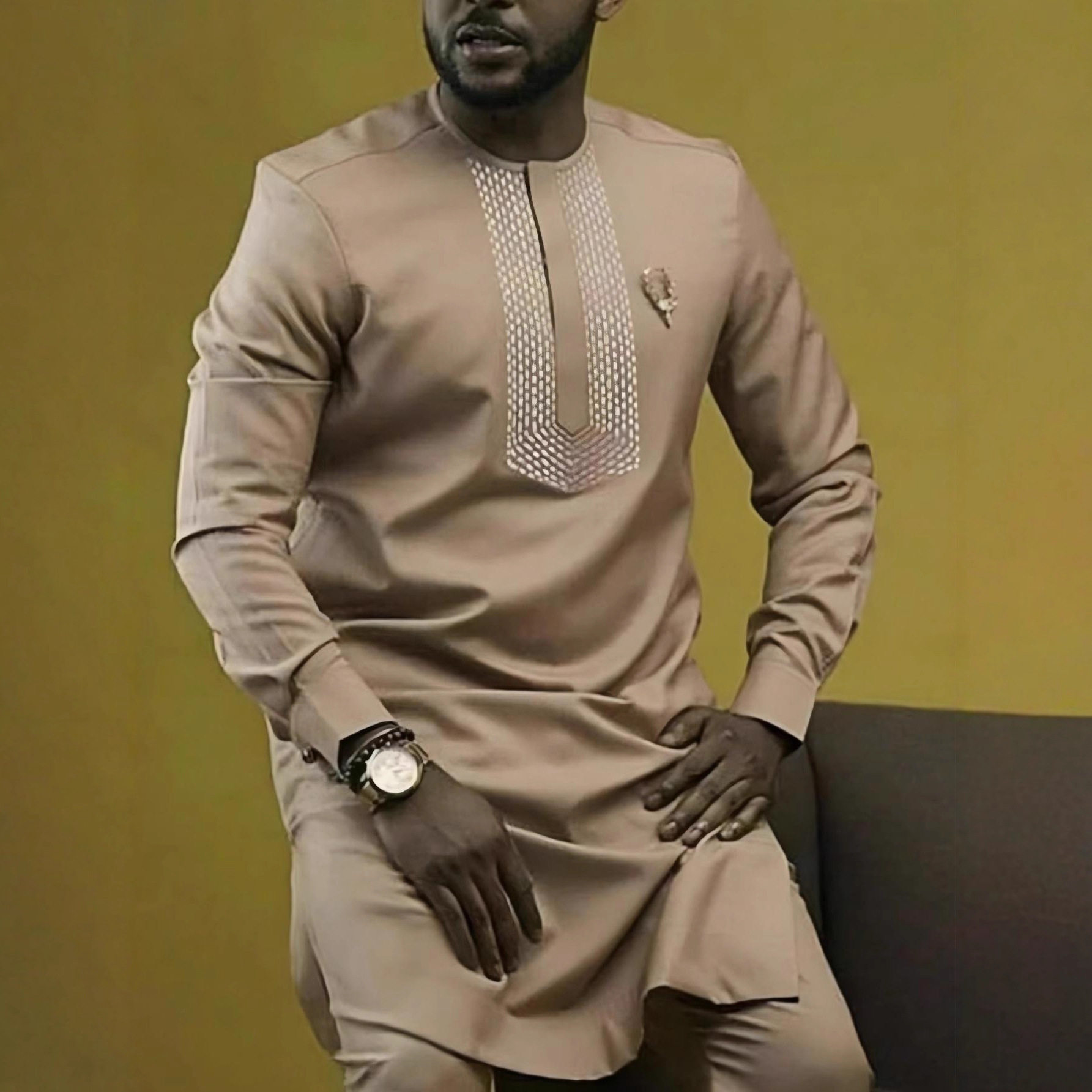 传统外贸非洲风格男士结婚新西装2件套圆领长袖上衣加裤子外贸