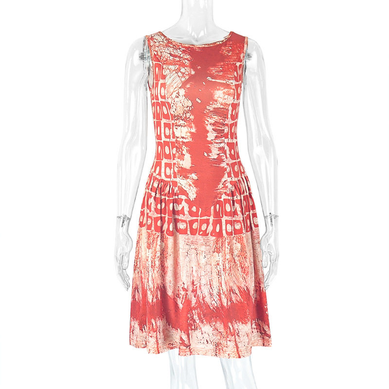 Fashion Womens A Line Dress Sleeveless Color Block Fitted Pleated Round Neck Casual or Party Wear Wholesale