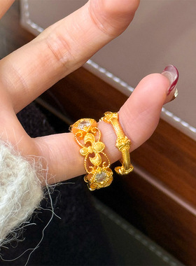 法式复古风精致拉丝锆石鸢尾花戒指女小众设计叠戴开口戒子指环